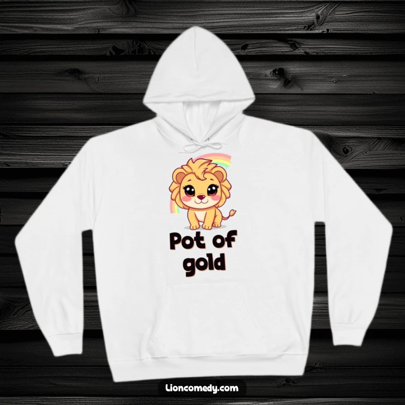 Funny hoodie showcasing a cute, wide-eyed lion character on a whimsical journey, chasing a bright, shimmering rainbow.