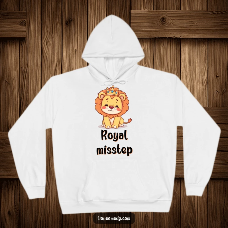 Funny cozy hoodie featuring a regal kawaii lion wearing a crown, hilariously stumbling, perfect for gifting.