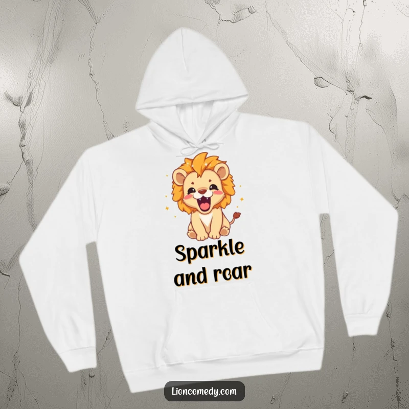 Funny Hoodie: A roaring lion cub with tiny stars and sparkles around its mane, offering cozy warmth and fierce style.