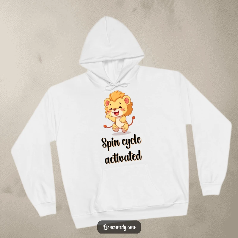 Funny lion cub hoodie illustrating a cute cub enthusiastically chasing its tail in a delightful, dizzying spin.