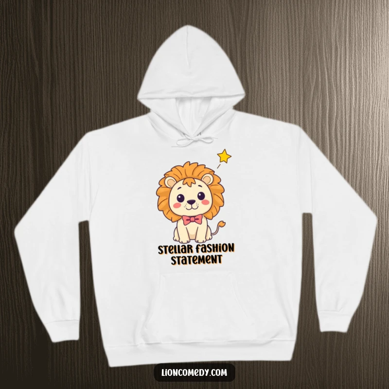 Funny Kawaii Lion Hoodie: A cute lion in a tiny bow tie looks surprised by a falling star, a cool gift.