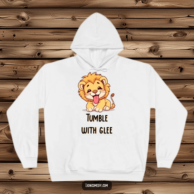 Funny Hoodie showing a happy lion cub gleefully tumbling with its tongue sticking out, embodying playful energy and adorable cheerfulness.