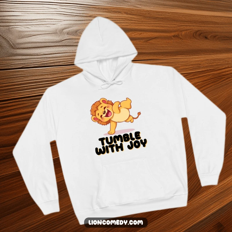 Funny hoodie depicting an energetic lion cub performing a silly, clumsy somersault with a look of pure, unadulterated glee.