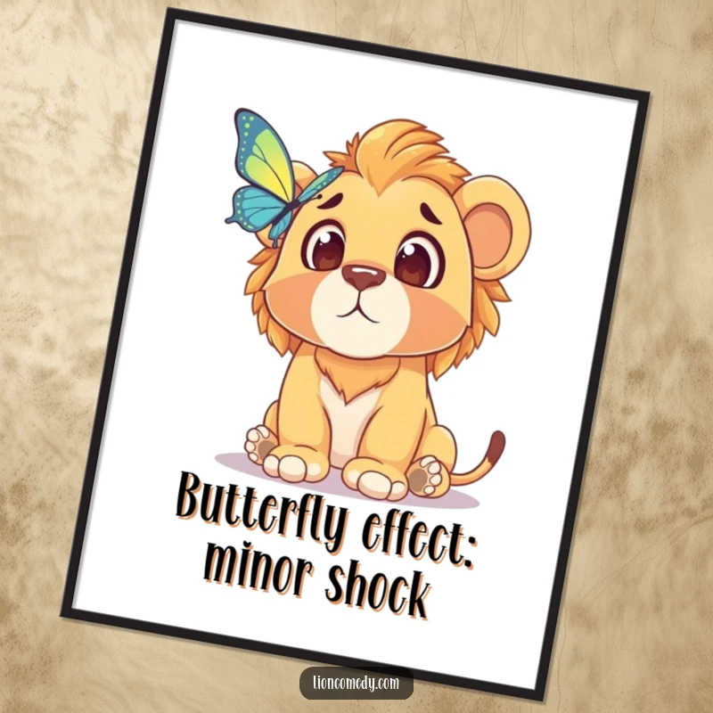 Funny Free Printable Wall Art: A young lion cub with an astonished expression, mesmerized by a butterfly.