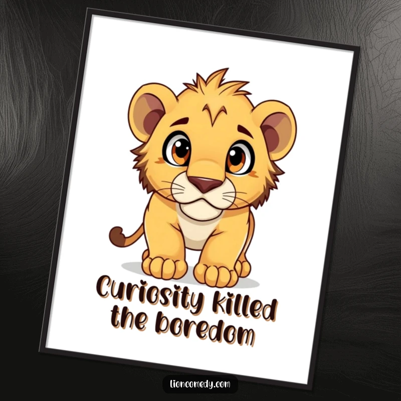Funny Free Printable Wall Art depicting a curious lion cub with wide eyes, captured in a dynamic pouncing pose, full of energy.