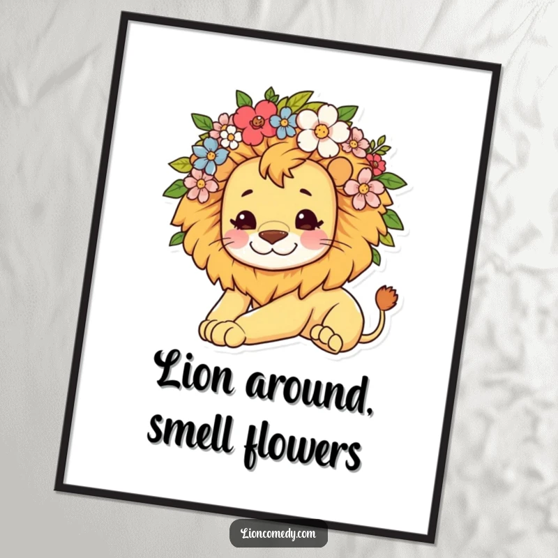 Free Printable Wall Art: A kawaii lion with a soft mane of flowers, stretching lazily in a peaceful, cute pose.