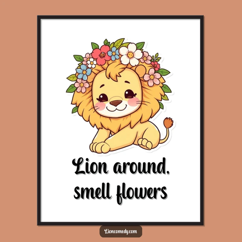 Cute Free Printable Wall Art: Kawaii Lion Flowers Lazy Stretch Poster