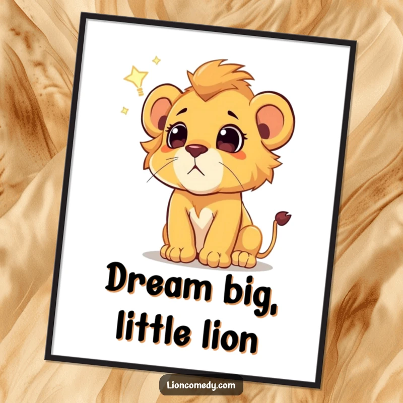 Funny Free Printable Wall Art: a small lion cub with a look of pure wonder watches a bright shooting star.