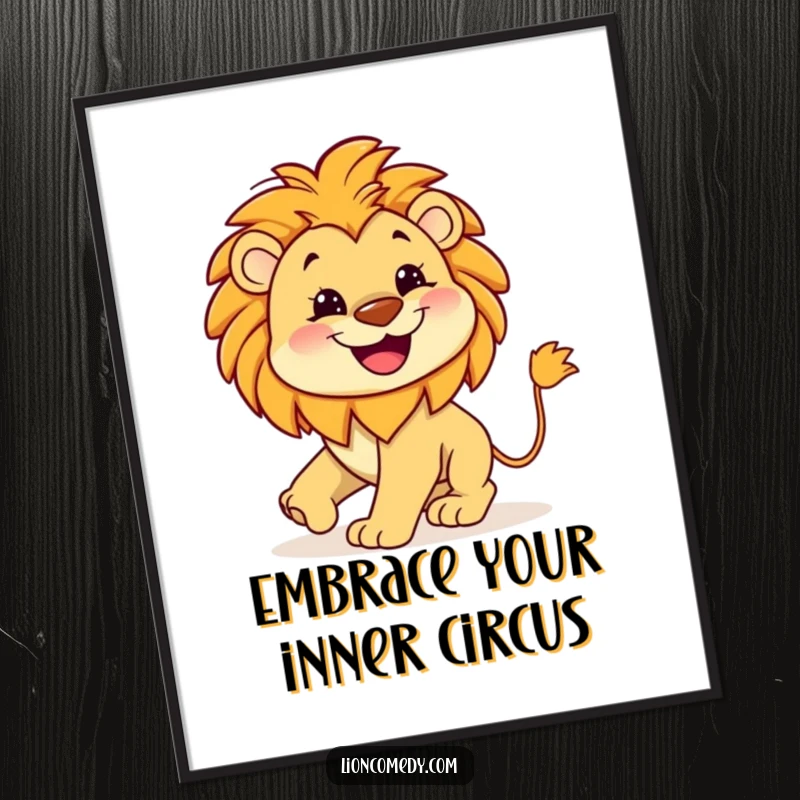 Funny Free Printable Wall Art: Kawaii lion with a wide, happy grin, chasing its own tail, creating a dynamic and humorous downloadable art.