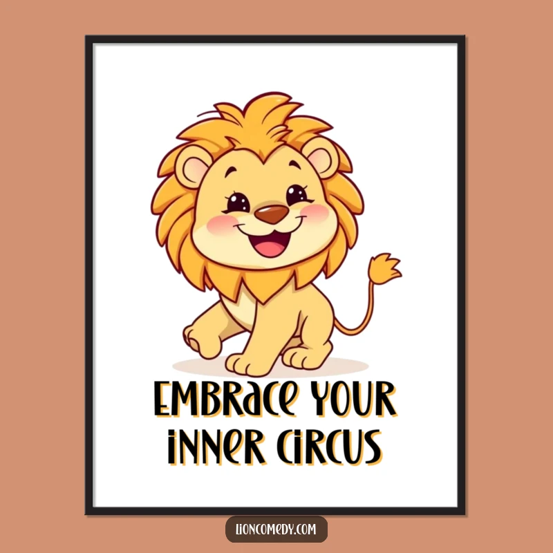 Free Printable Wall Art: Silly Lion Chasing Tail, Humorous Downloadable Kawaii Decor