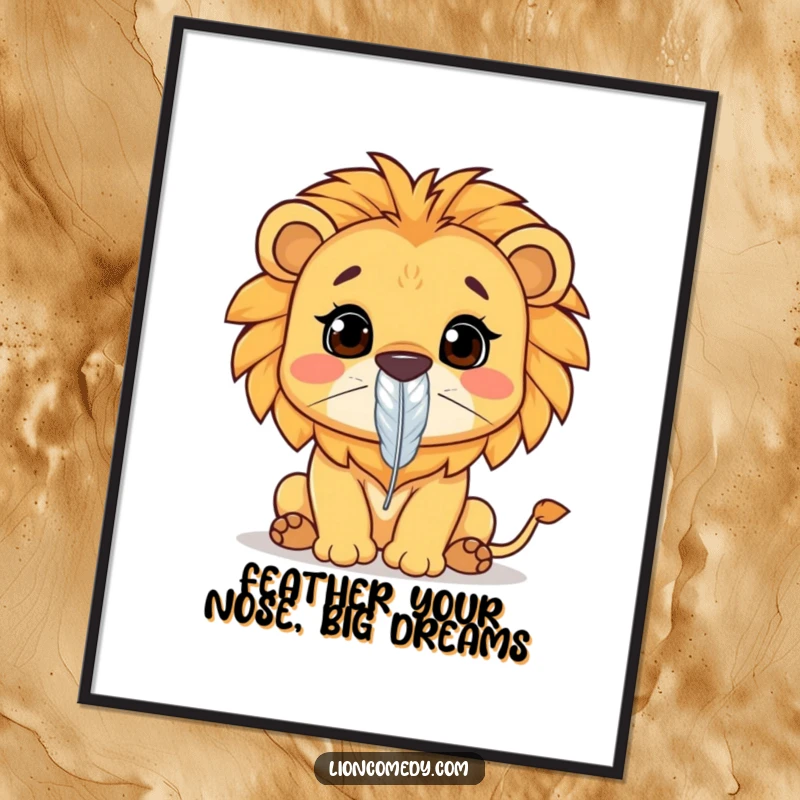 Funny Free Printable Wall Art: A Kawaii lion concentrates intensely on balancing a feather for humorous and downloadable art.