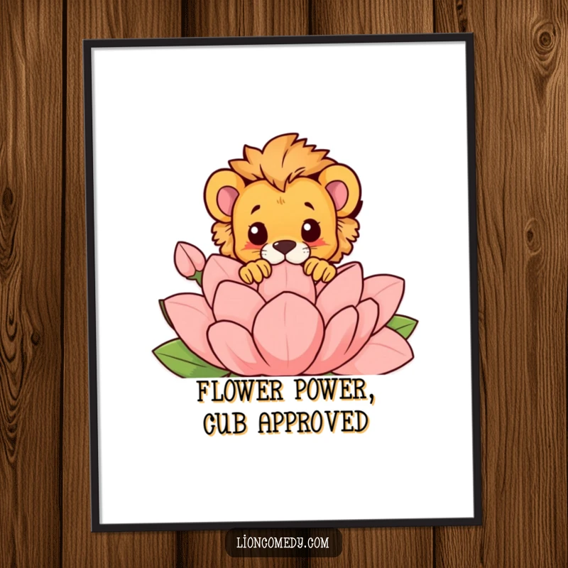 Funny Free Printable Wall Art: A lion cub peeking from behind an oversized, stylized flower with a curious look.