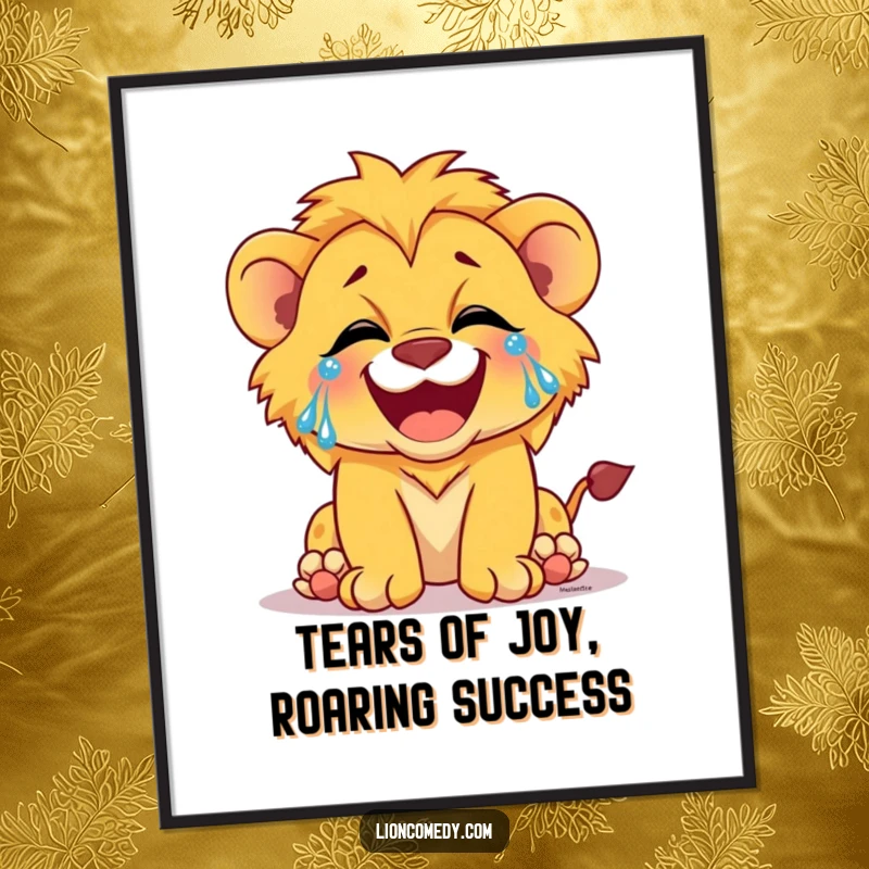 Funny Free Printable Wall Art: A lion cub is pictured in a moment of intense laughter, with clear tears of joy streaming down its face.