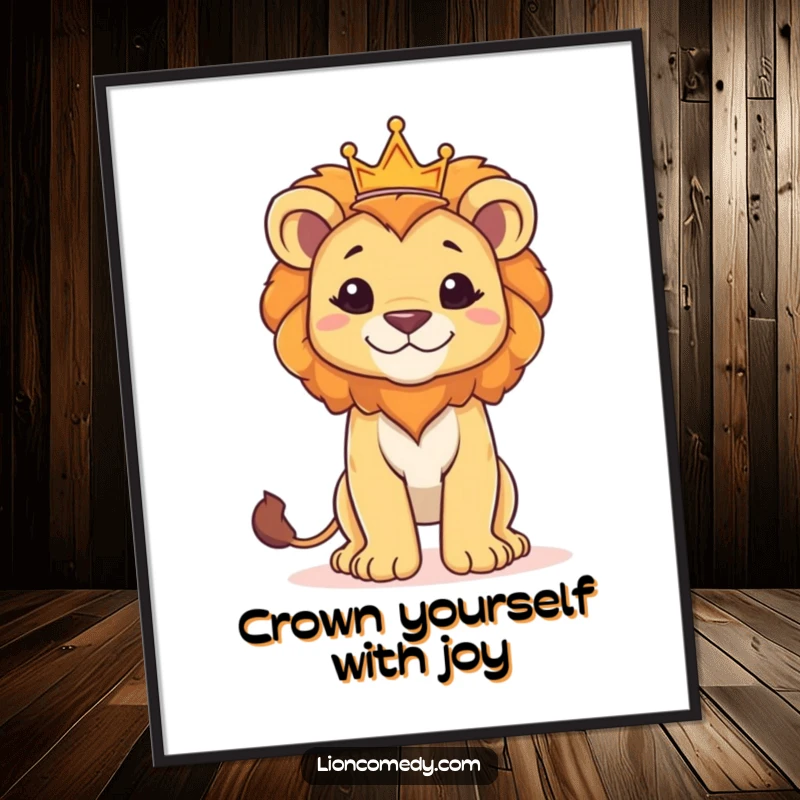 Funny Free Printable Wall Art: A proud young lion cub stands tall, sporting a small crown, exuding confidence and regal charm.