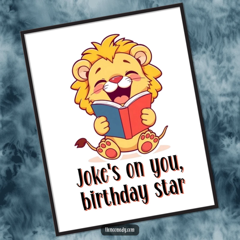Funny Free Printable wall art of a jovial lion cub roaring with laughter, clutching a joke book, spreading cheer.