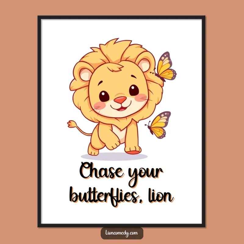 Free Printable Wall Art: Cheerful Lion’s Butterfly Chase, Humorous Downloadable Decor for a Lively Space