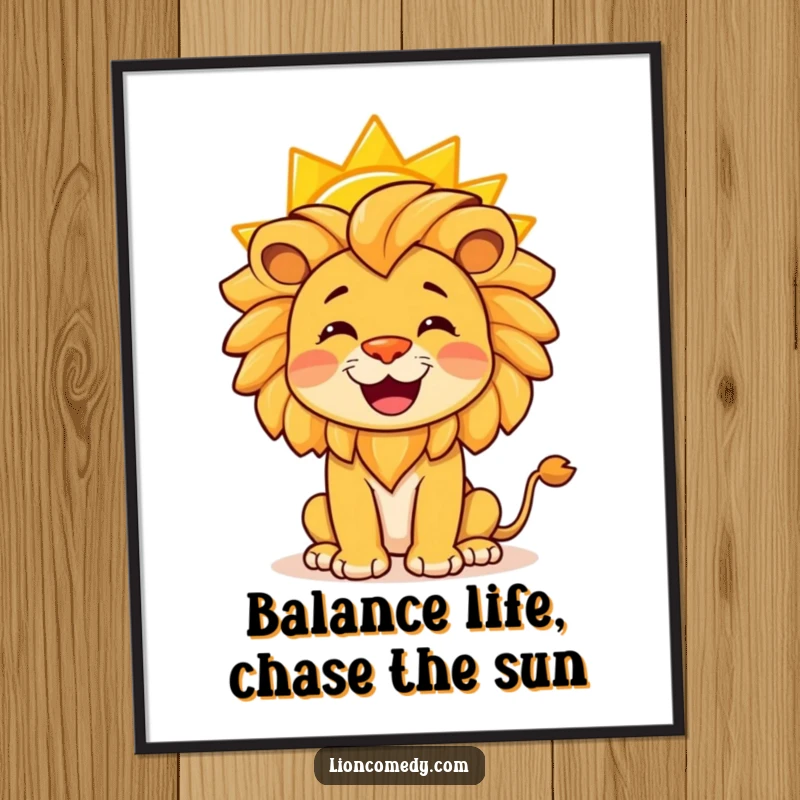 Funny free printable wall art of a joyful lion balancing a bright yellow sun perfectly on its nose.