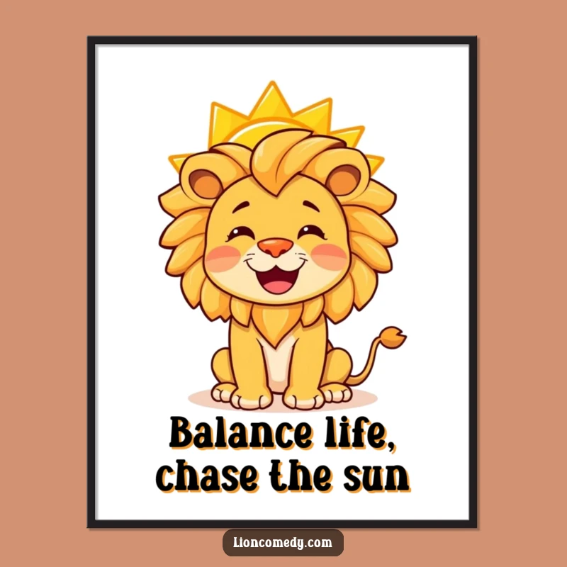 Free Printable Wall Art: Funny Lion Balancing Sun, Cheerful Downloadable Decor Gift