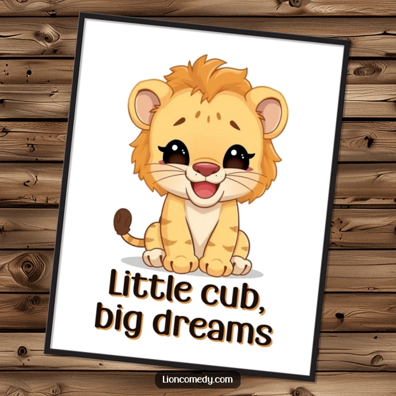 Funny Free Printable Wall Art: A giggling lion cub pretending to be a big, scary cat with a playful grin.