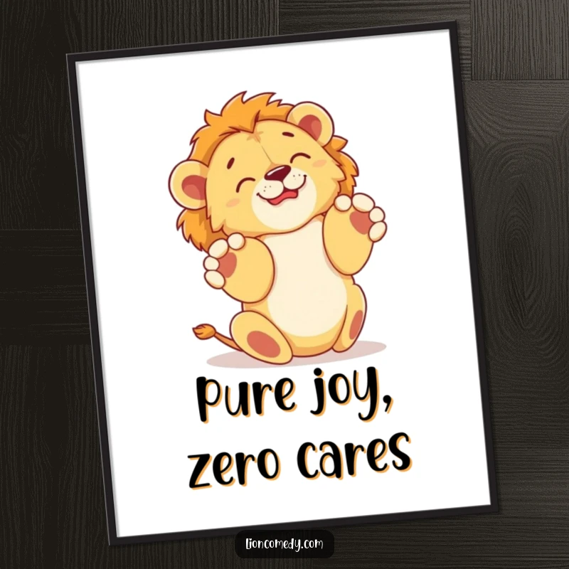 Funny Free Printable Wall Art: A carefree lion cub rolling around with an expression of utter happiness.