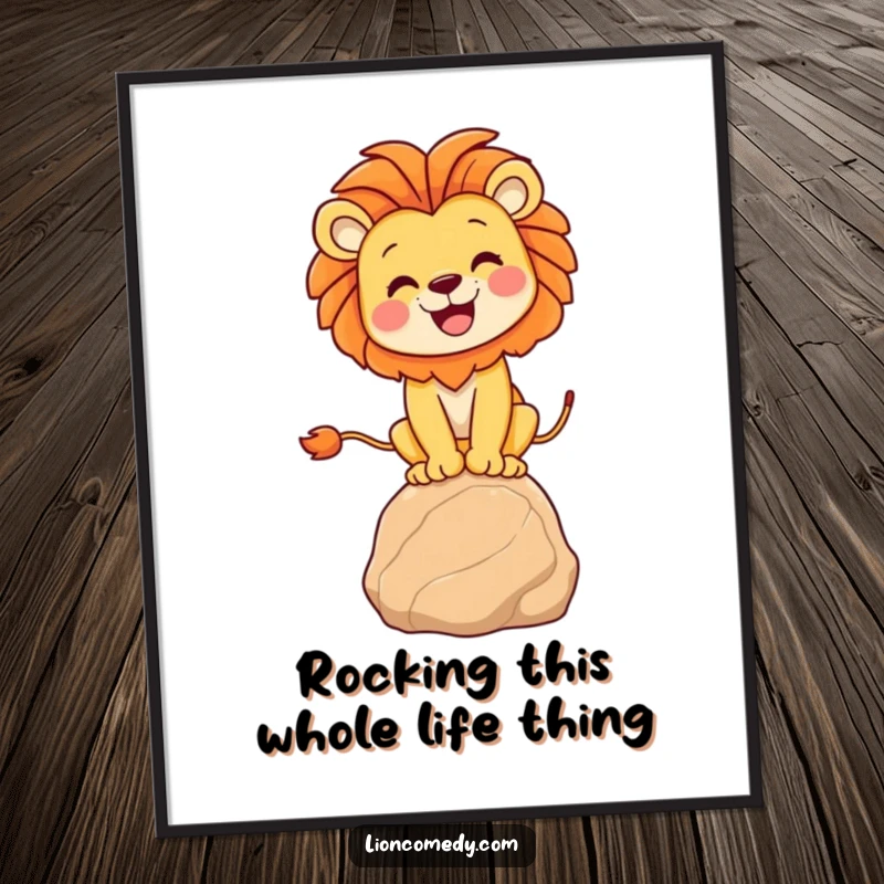 Funny Free Printable Wall Art: A joyful lion striking a perfect balance on a small, smooth rock, exuding serene happiness.