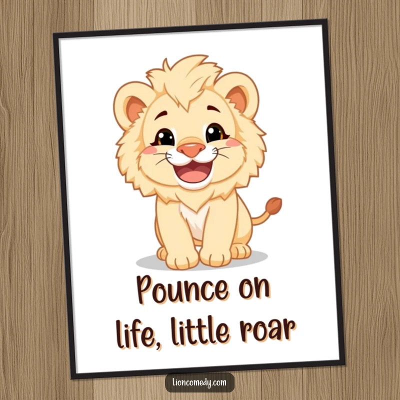 Funny Free Printable Wall Art: A fluffy lion cub with a big grin playfully pounces, bringing energetic and humorous vibes to your space.