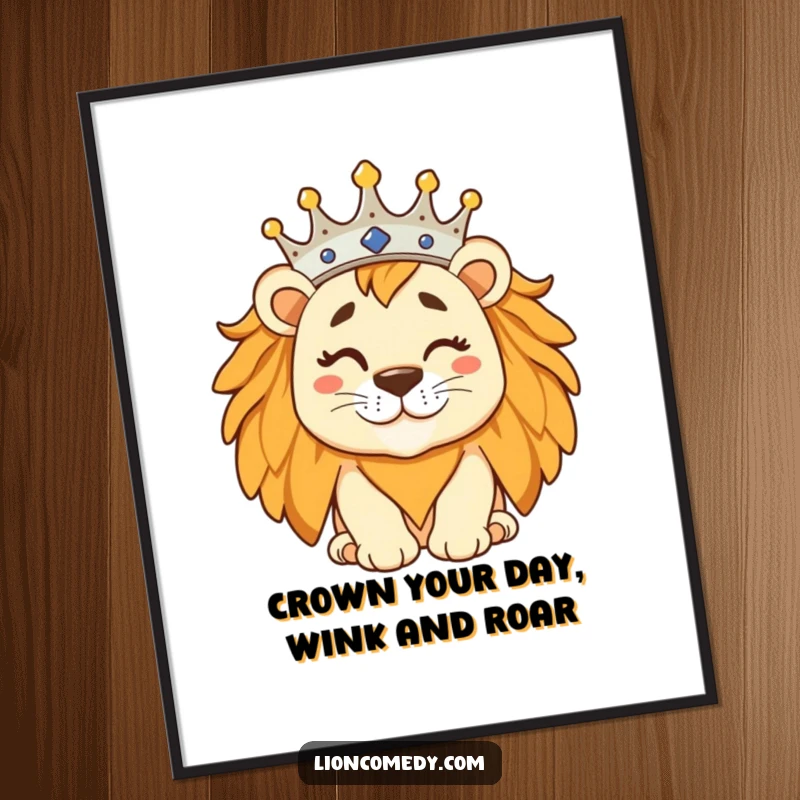 Funny Free Printable Wall Art: A regal lion wearing a tilted crown winks charmingly, bringing a dash of silly, sophisticated humor.