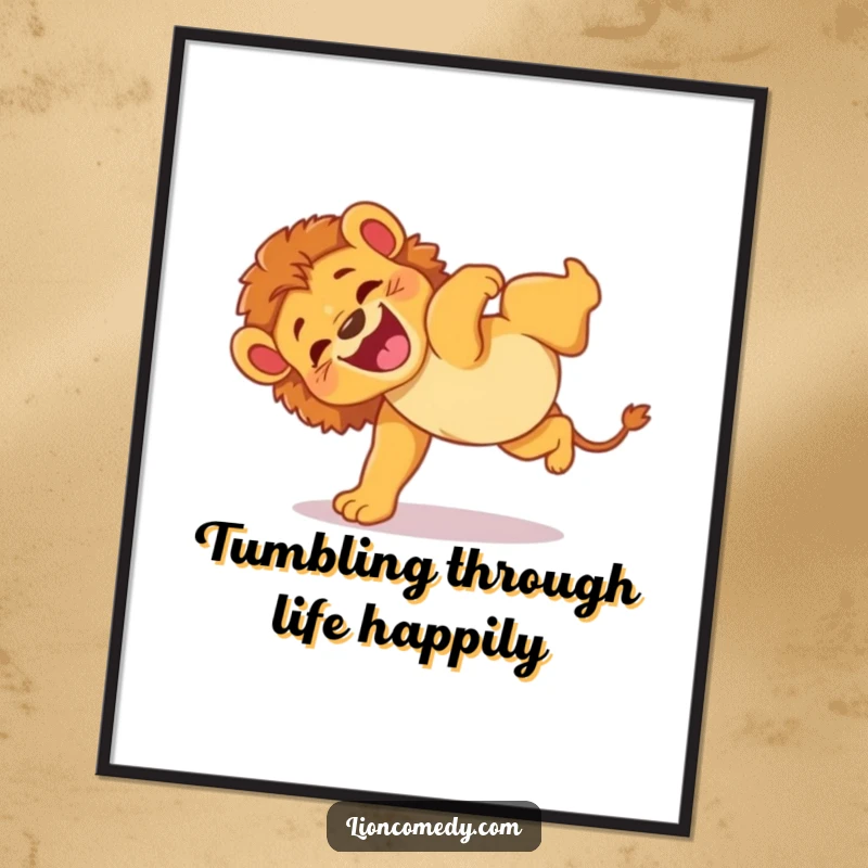 Funny Free Printable Wall Art: Energetic lion cub does a clumsy somersault with glee, adding a touch of playful humor.
