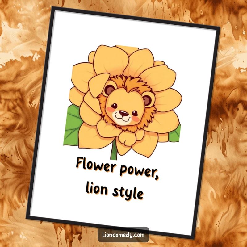 Funny Free Printable Wall Art: A curious lion subtly peeks its head out from behind an oversized, vibrant flower.