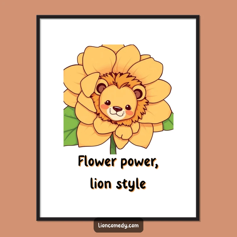 Funny Free Printable Wall Art: Curious Lion Behind Flower, Whimsical Downloadable Decor