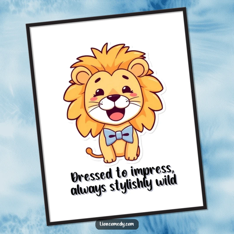 Funny Free Printable Wall Art: A lion with a huge, goofy smile and a comically tiny bow tie.