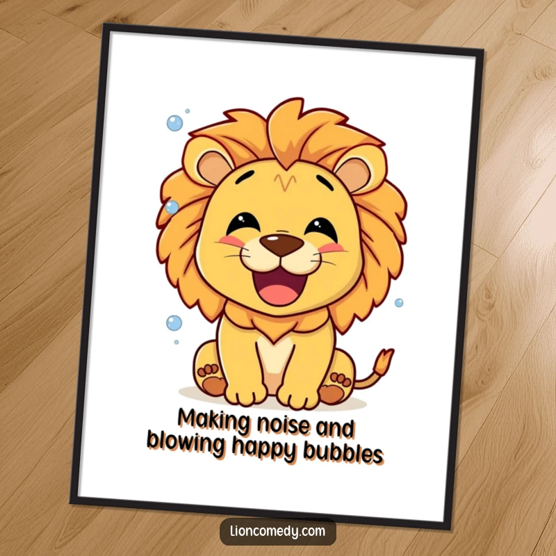 Funny Free Printable Wall Art: A smiling lion roaring happily, accompanied by a whimsical scattering of tiny bubbles.