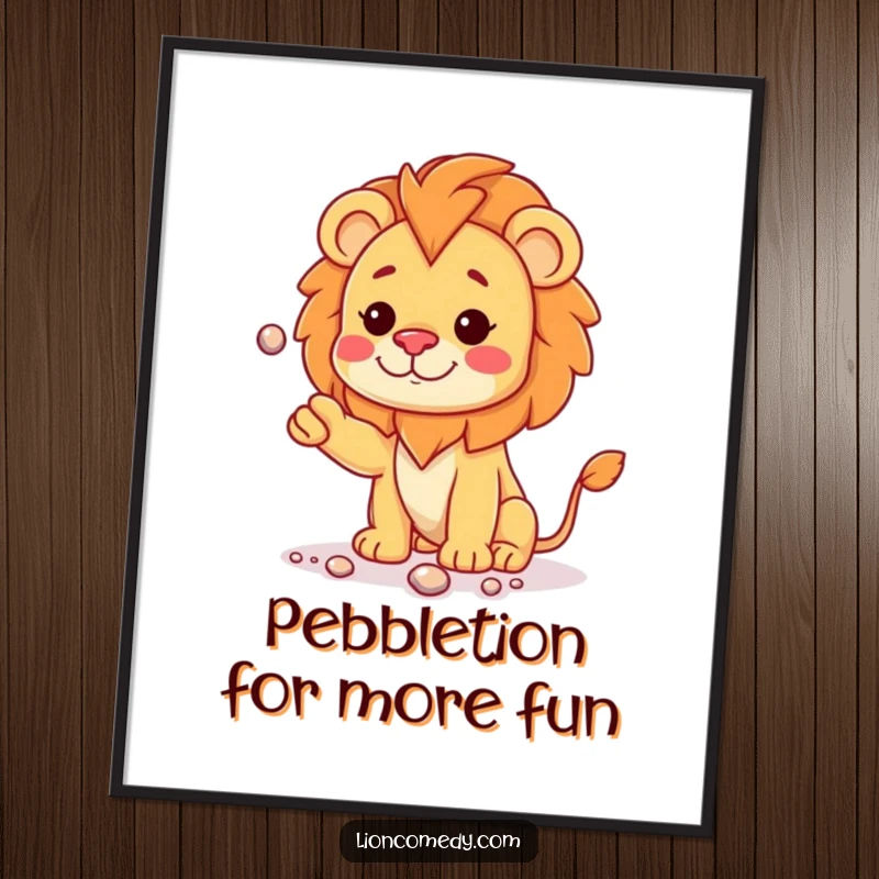 Funny Free Printable Wall Art: Kawaii Lion Cub Juggling Shiny Pebbles with a Curious Head Tilt.