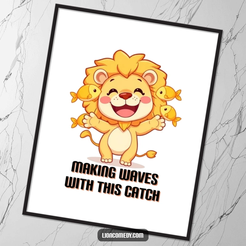 Funny Free Printable Wall Art: A grinning lion juggling three golden fish, adding a playful and humorous vibe to any room.
