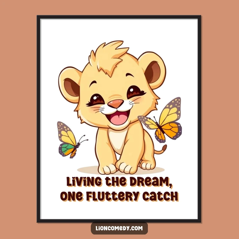 Funny Free Printable Wall Art: Lion Cub Butterfly Joy, Downloadable Decor