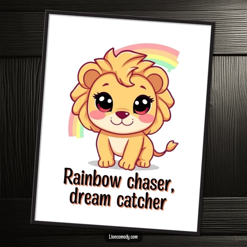 Funny Free Printable Wall Art: Cute lion with wide eyes joyfully chases a shimmering rainbow, creating a whimsical and inspiring atmosphere.