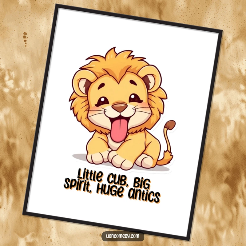 Funny Free Printable Wall Art: A happy lion cub with its tongue out, caught mid-tumble with pure delight.