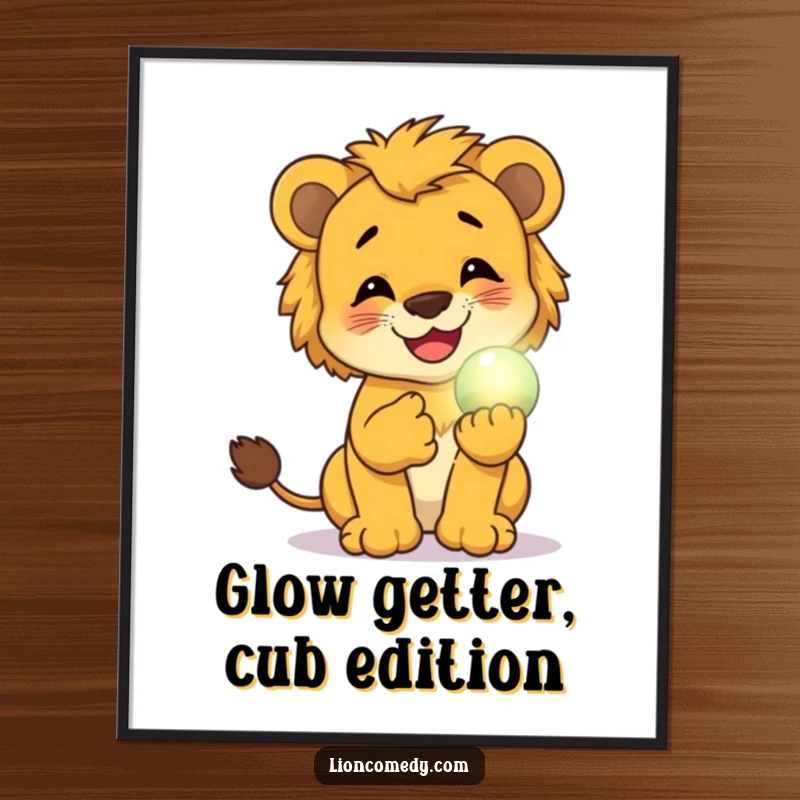 Funny Free Printable Wall Art: A lion cub captured mid-giggle, holding a small, softly glowing mystical orb.