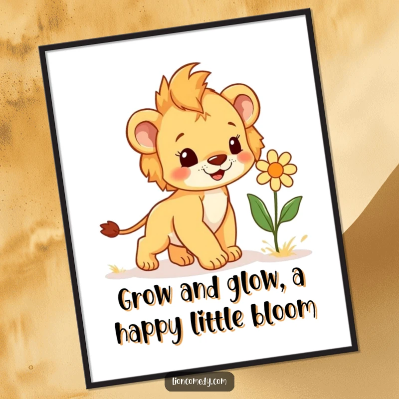 Funny Free Printable Wall Art: A lion cub happily approaches a flower that's depicted as giggling.