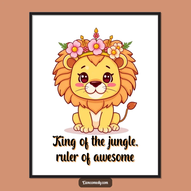 Free Printable Wall Art: Funny Kawaii Lion with Flower Crown - Cute Decor