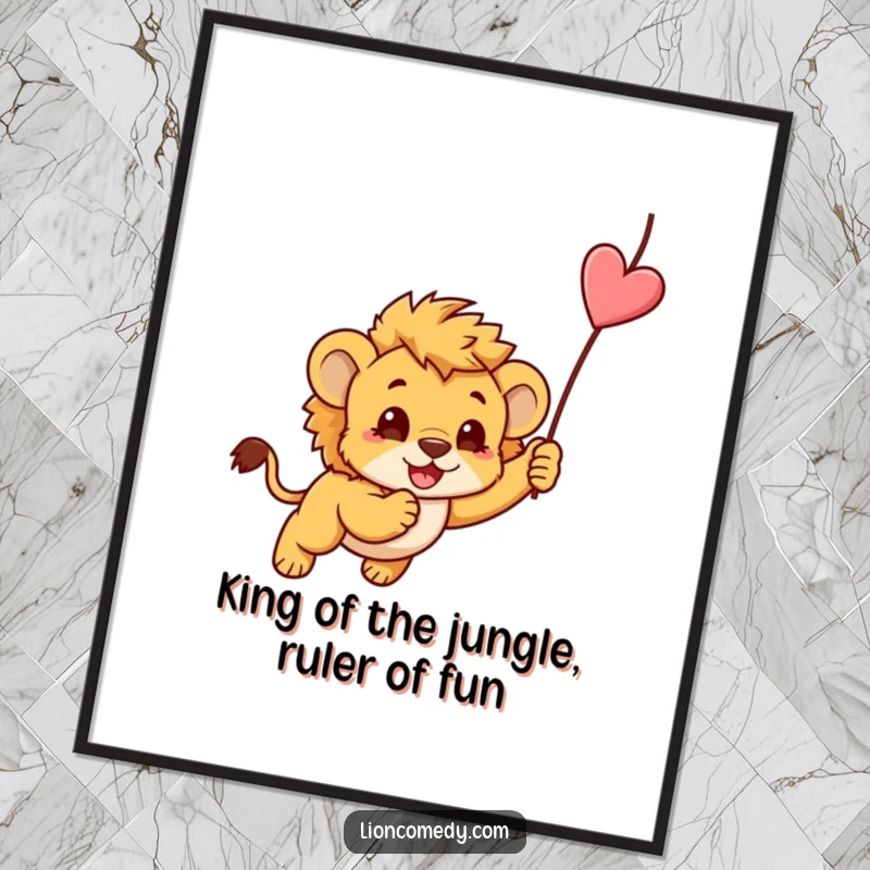 Funny Free Printable Wall Art: A kawaii lion cub captured mid-pounce on a dangling string, radiating playful energy.
