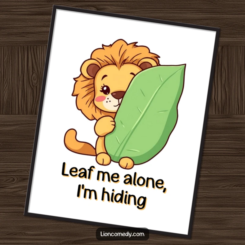 Funny Free Printable Wall Art: A Kawaii lion playfully peeks from behind a large, comical leaf for downloadable art.