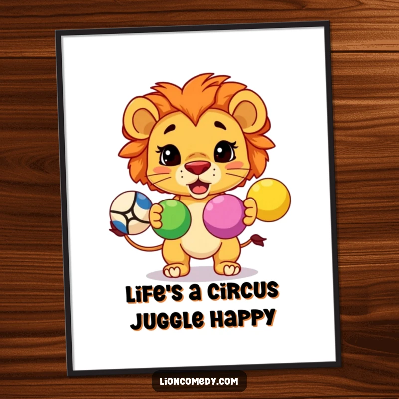 Funny Free Printable Wall Art: A determined kawaii lion cub impressively juggles three colorful balls with concentration.