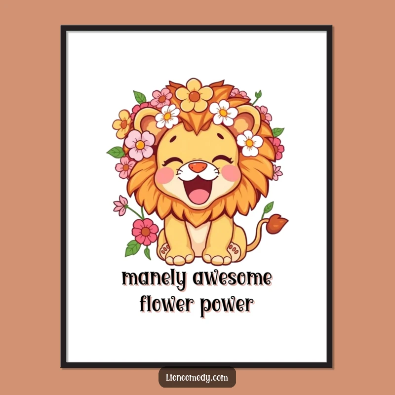 Funny Free Printable Wall Art: Roaring Flower Lion Cub! Adorable Downloadable Decor for Kids.