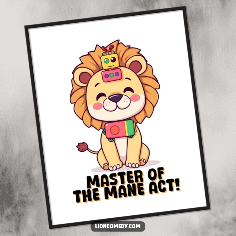 Funny Free Printable Wall Art: Kawaii lion balancing a large stack of colorful, playful toys on its nose.