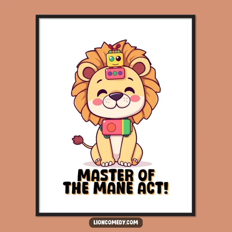 Funny Free Printable Wall Art: Balancing Kawaii Lion Toy Stack Downloadable Poster