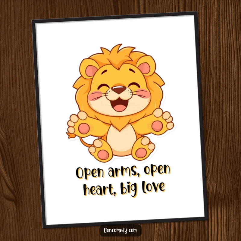 Funny Free Printable Wall Art: A friendly lion with its paws outstretched, inviting a warm, happy hug.