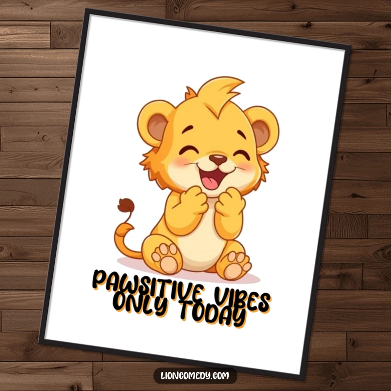 Funny Free Printable Wall Art of a delighted lion cub clapping its paws together with pure, unadulterated joy and happiness.