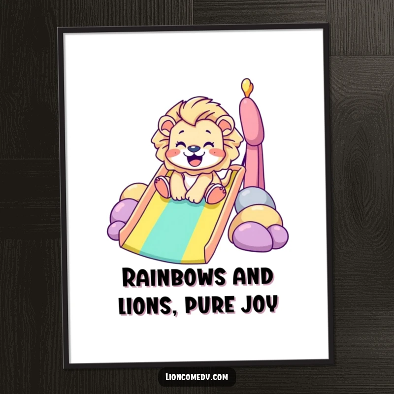 Funny Free Printable Wall Art: Tiny lion gleefully sliding down a vibrant rainbow slide, bringing joy to your walls.
