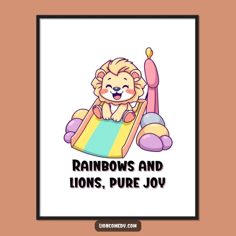 Free Printable Wall Art: Tiny Lion Rainbow Slide Adventure, Funny Downloadable Decor